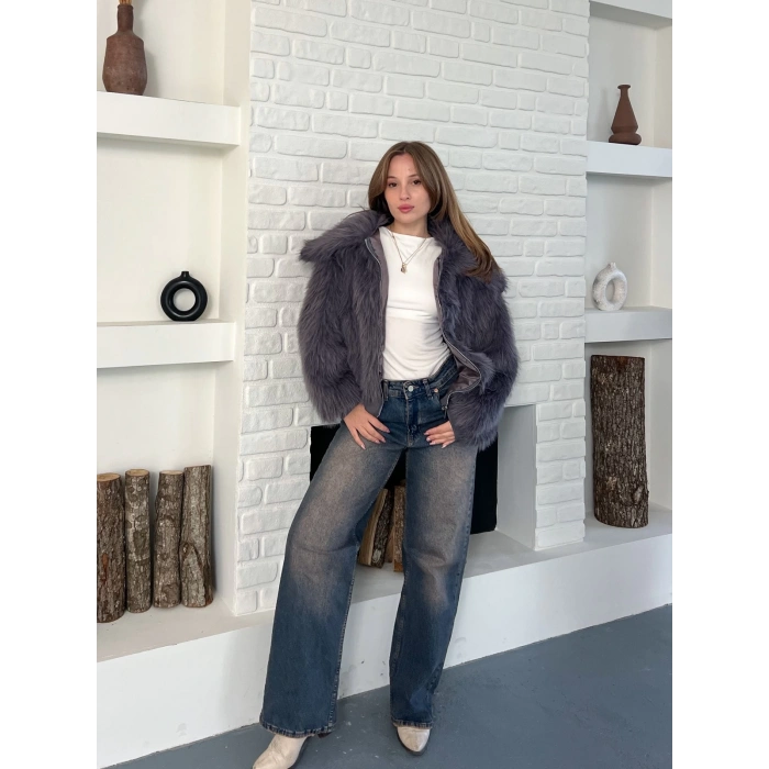 Kol Ribanalı Fermuarlı Kürk Antrasit