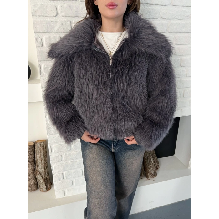 Kol Ribanalı Fermuarlı Kürk Antrasit