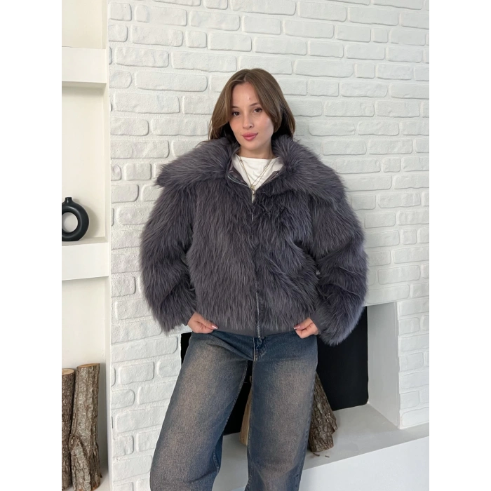 Kol Ribanalı Fermuarlı Kürk Antrasit