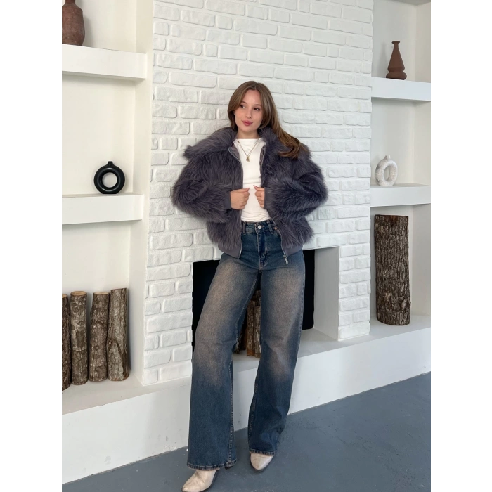 Kol Ribanalı Fermuarlı Kürk Antrasit