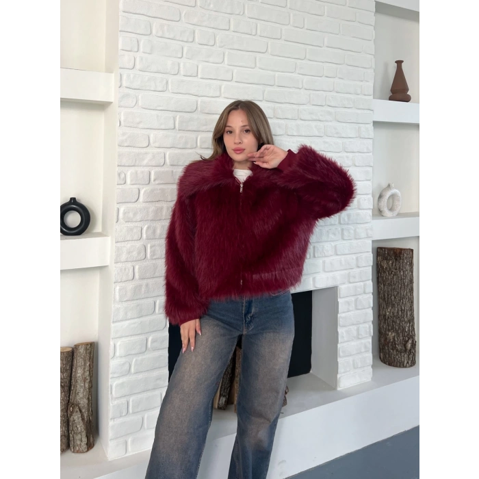 Kol Ribanalı Fermuarlı Kürk Bordo