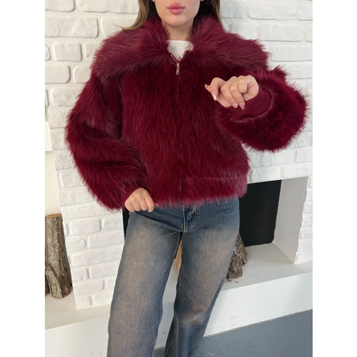 Kol Ribanalı Fermuarlı Kürk Bordo