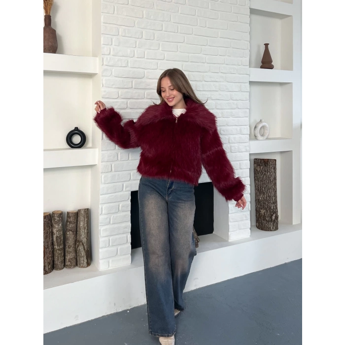 Kol Ribanalı Fermuarlı Kürk Bordo