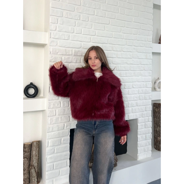 Kol Ribanalı Fermuarlı Kürk Bordo