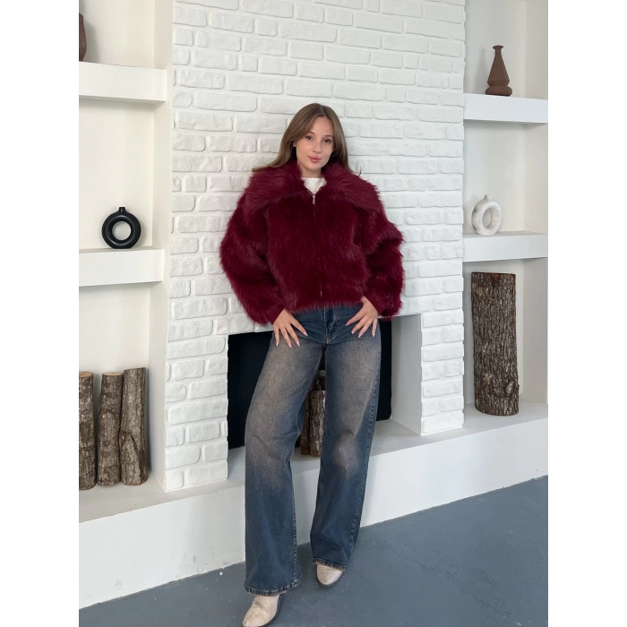 Kol Ribanalı Fermuarlı Kürk Bordo