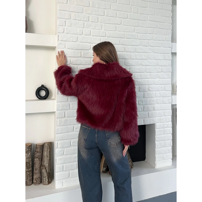 Kol Ribanalı Fermuarlı Kürk Bordo