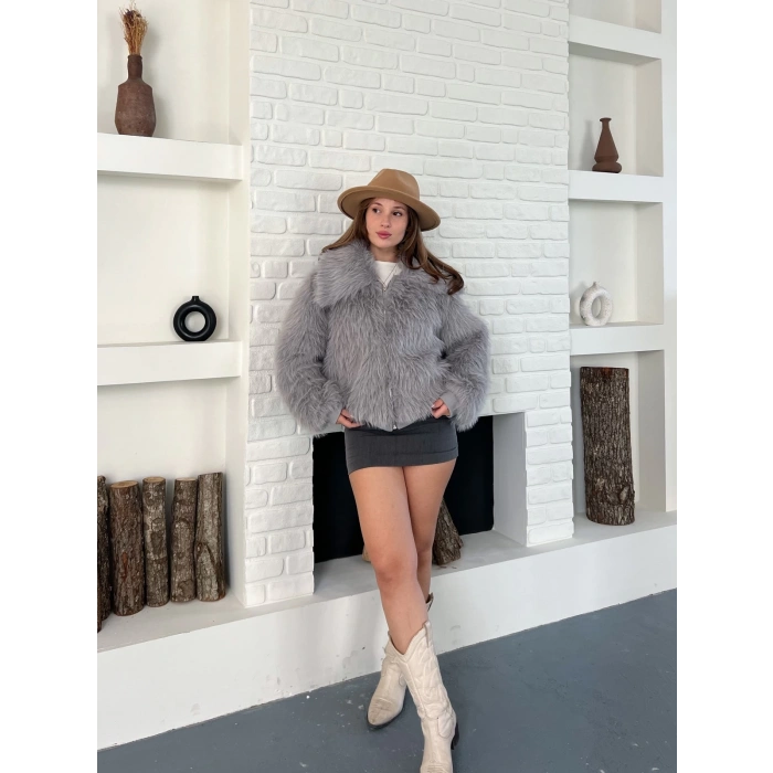 Kol Ribanalı Fermuarlı Kürk Gri