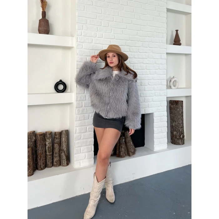 Kol Ribanalı Fermuarlı Kürk Gri