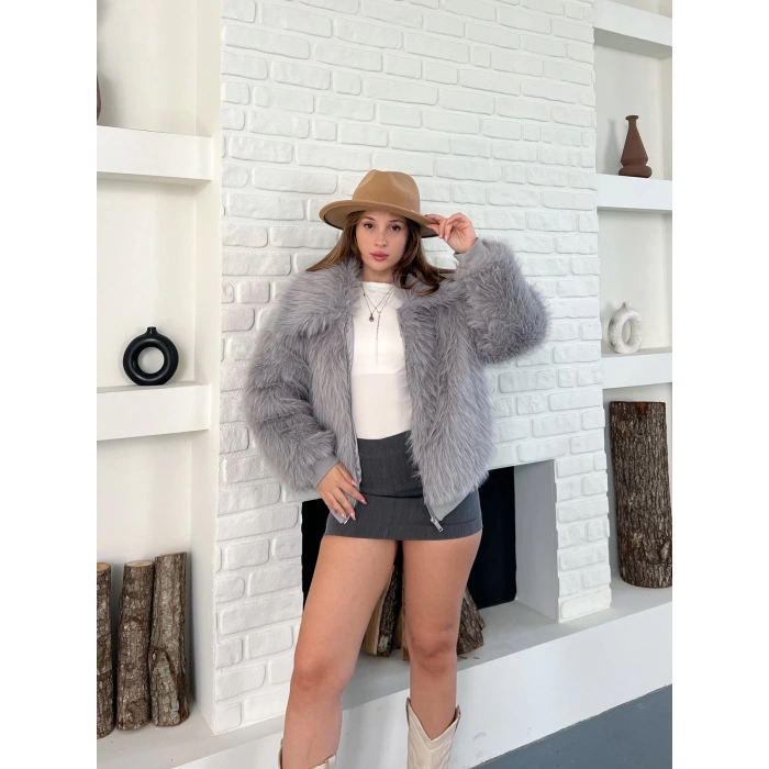 Kol Ribanalı Fermuarlı Kürk Gri