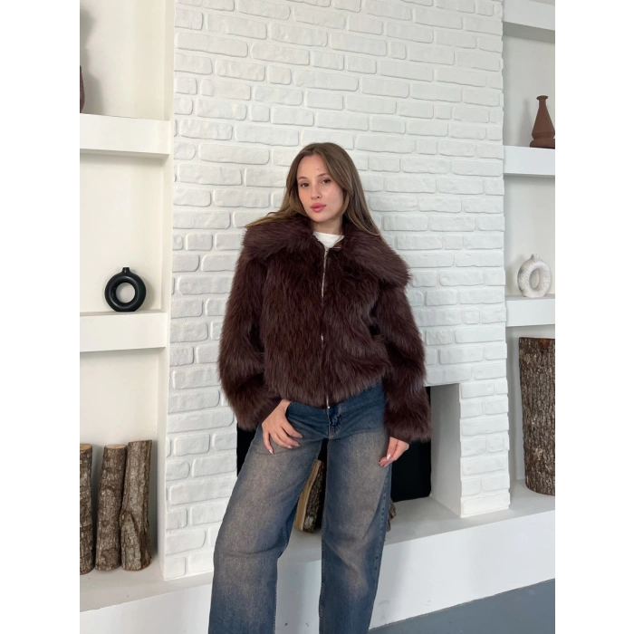 Kol Ribanalı Fermuarlı Kürk Kahve