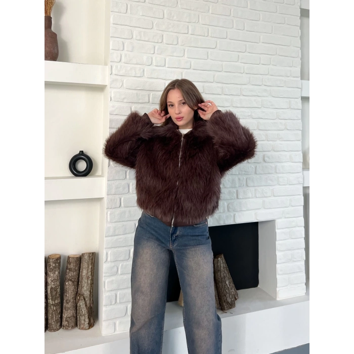 Kol Ribanalı Fermuarlı Kürk Kahve