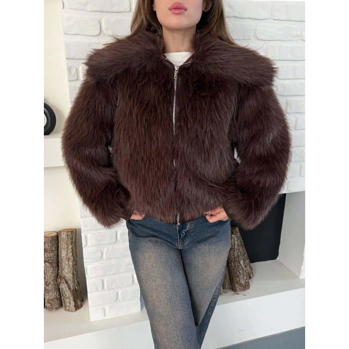 Kol Ribanalı Fermuarlı Kürk Kahve