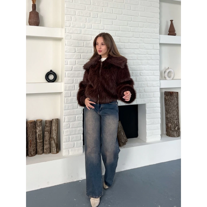 Kol Ribanalı Fermuarlı Kürk Kahve