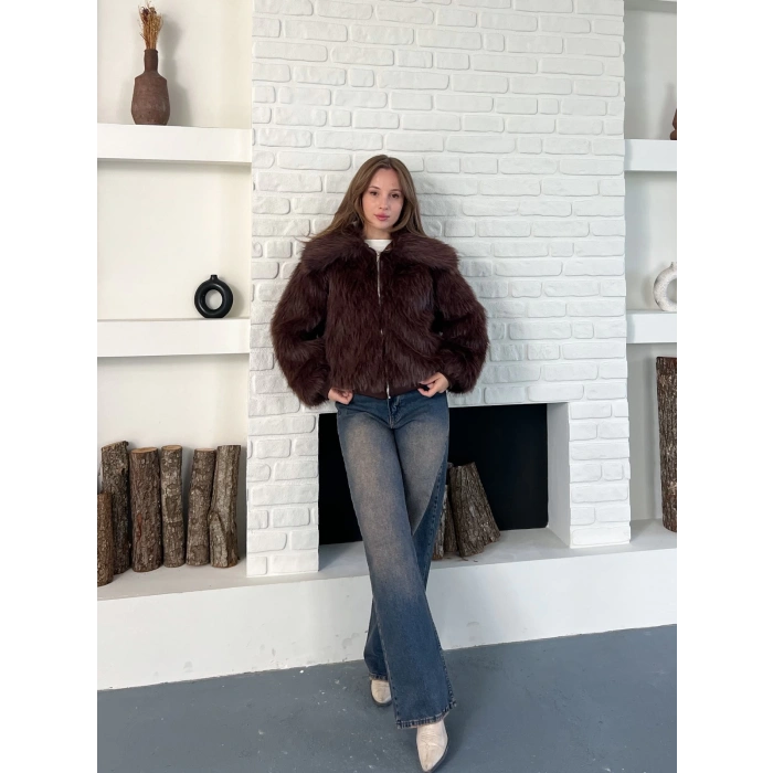 Kol Ribanalı Fermuarlı Kürk Kahve