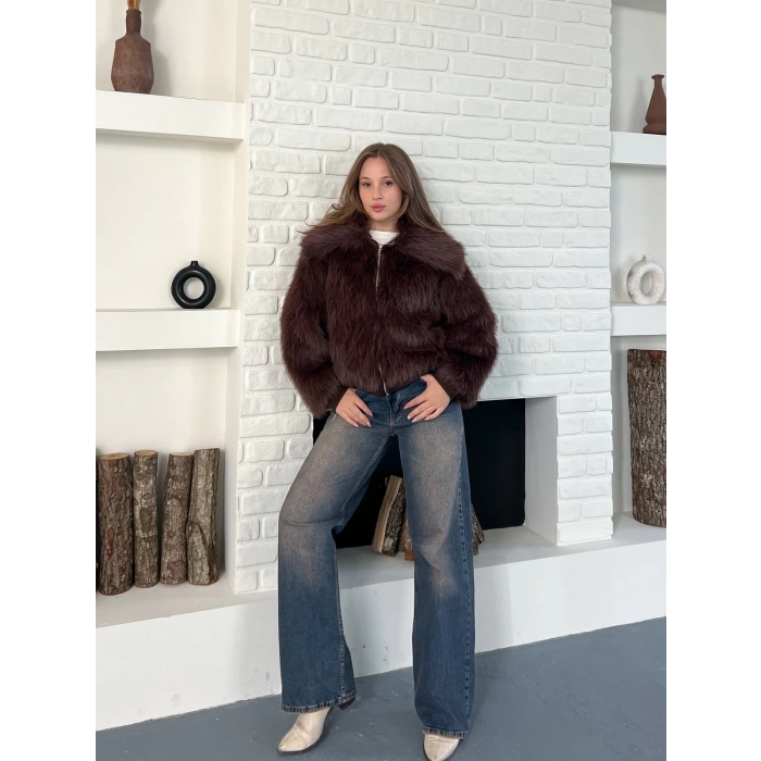 Kol Ribanalı Fermuarlı Kürk Kahve