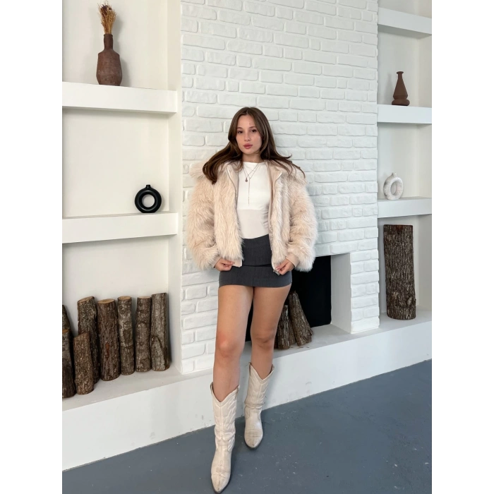 Kol Ribanalı Fermuarlı Kürk Krem