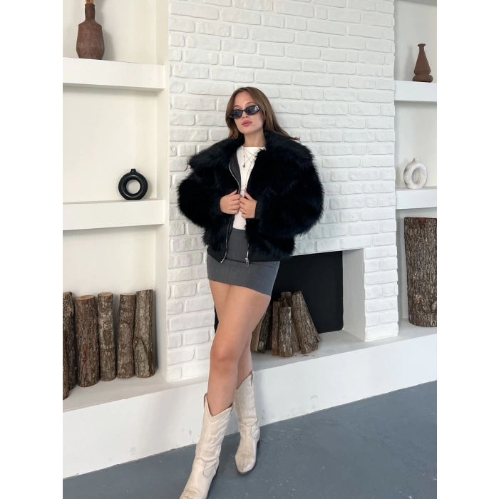 Kol Ribanalı Fermuarlı Kürk Siyah