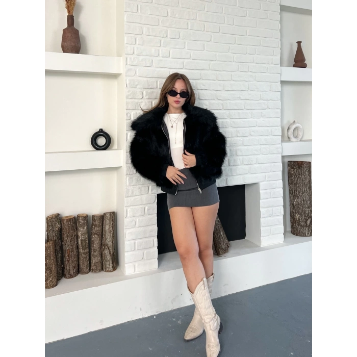 Kol Ribanalı Fermuarlı Kürk Siyah