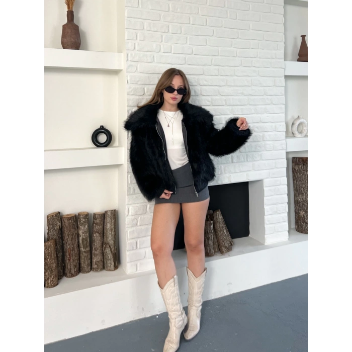 Kol Ribanalı Fermuarlı Kürk Siyah