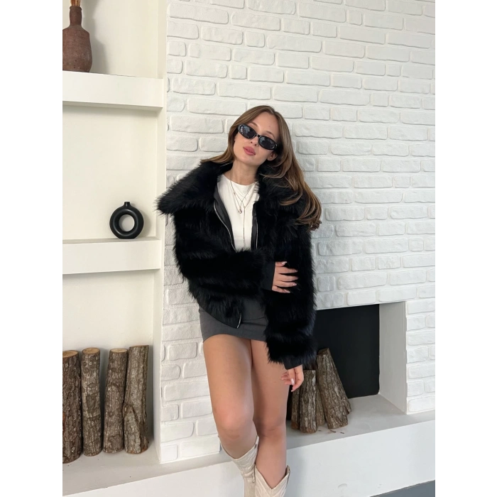 Kol Ribanalı Fermuarlı Kürk Siyah