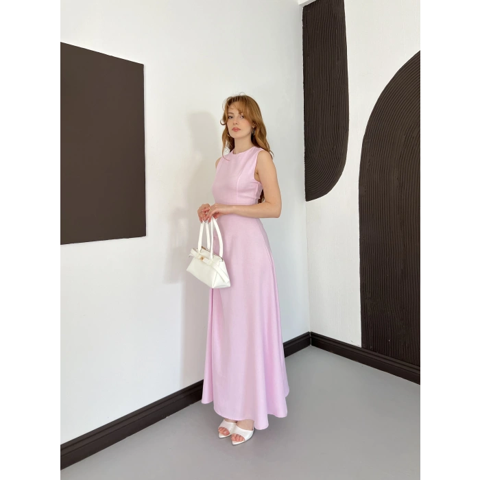 Kolsuz Düğüm Detay Midi Keten Elbise Pembe
