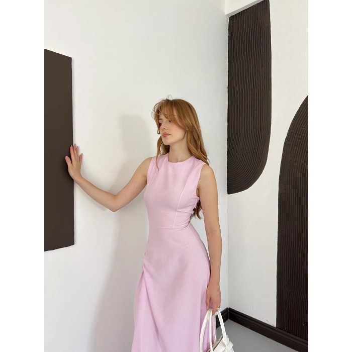 Kolsuz Düğüm Detay Midi Keten Elbise Pembe