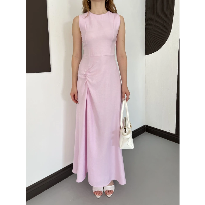 Kolsuz Düğüm Detay Midi Keten Elbise Pembe