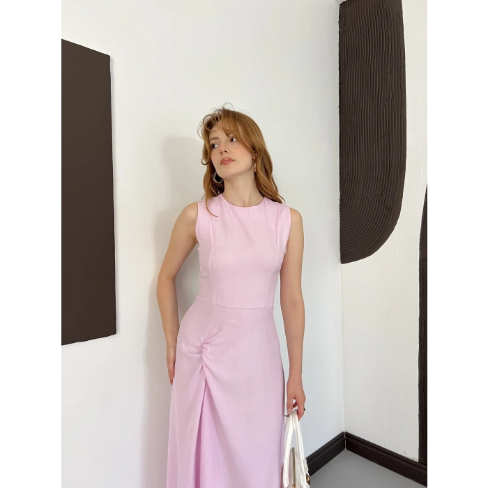Kolsuz Düğüm Detay Midi Keten Elbise Pembe