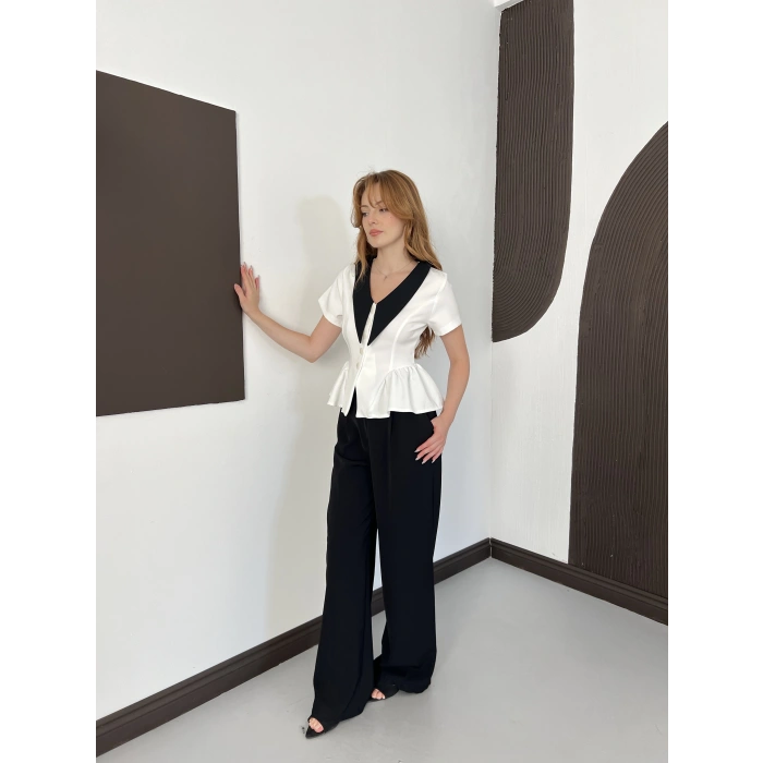 Kontrast Yaka Peplum Detaylı Bluz Beyaz