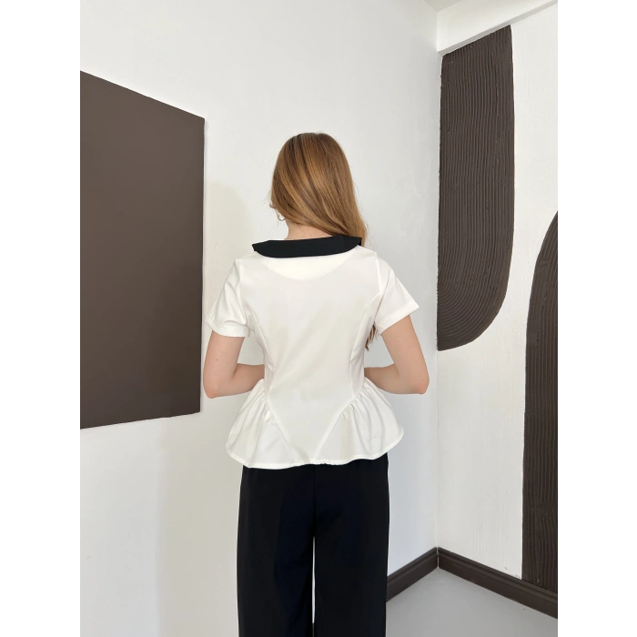 Kontrast Yaka Peplum Detaylı Bluz Beyaz