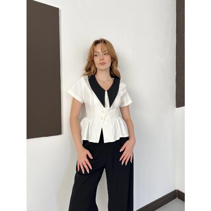Kontrast Yaka Peplum Detaylı Bluz Beyaz