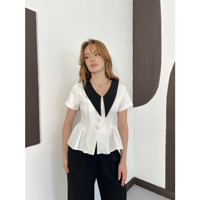 Kontrast Yaka Peplum Detaylı Bluz Beyaz