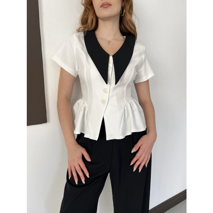 Kontrast Yaka Peplum Detaylı Bluz Beyaz