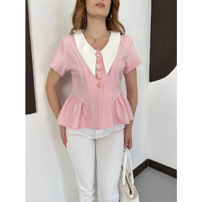 Kontrast Yaka Peplum Detaylı Bluz Pembe