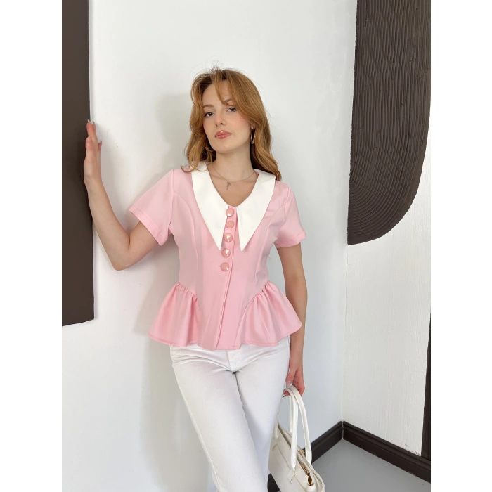Kontrast Yaka Peplum Detaylı Bluz Pembe