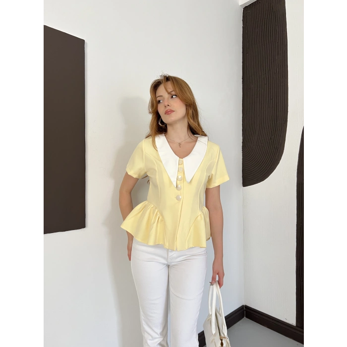 Kontrast Yaka Peplum Detaylı Bluz Sarı