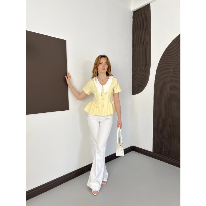 Kontrast Yaka Peplum Detaylı Bluz Sarı