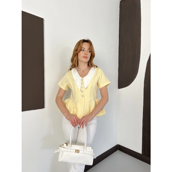 Kontrast Yaka Peplum Detaylı Bluz Sarı