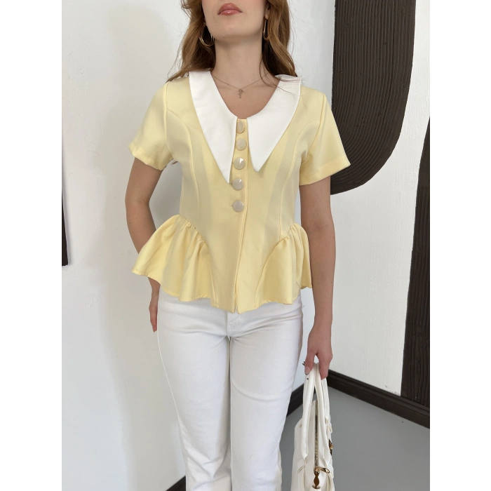 Kontrast Yaka Peplum Detaylı Bluz Sarı