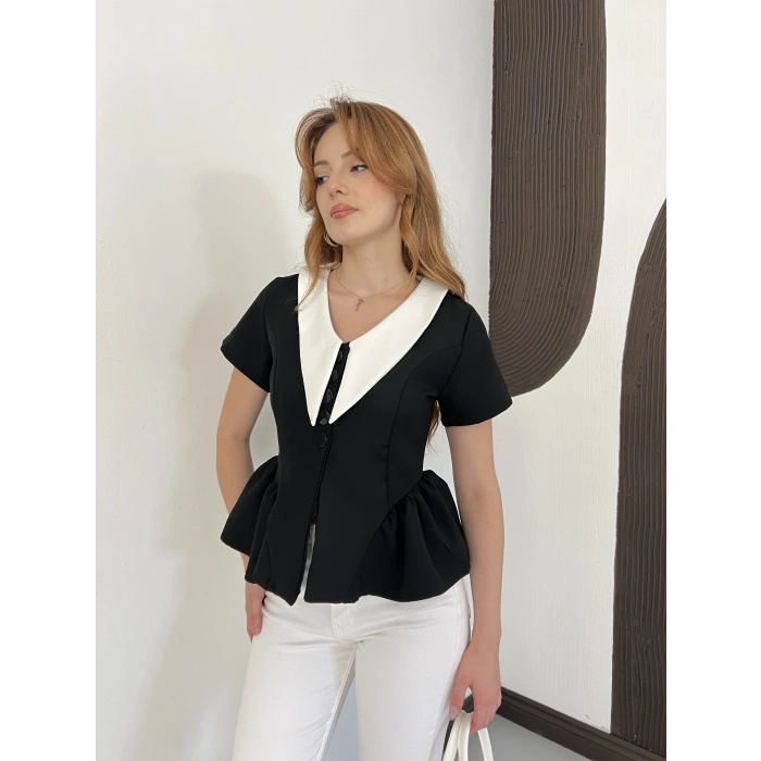 Kontrast Yaka Peplum Detaylı Bluz Siyah