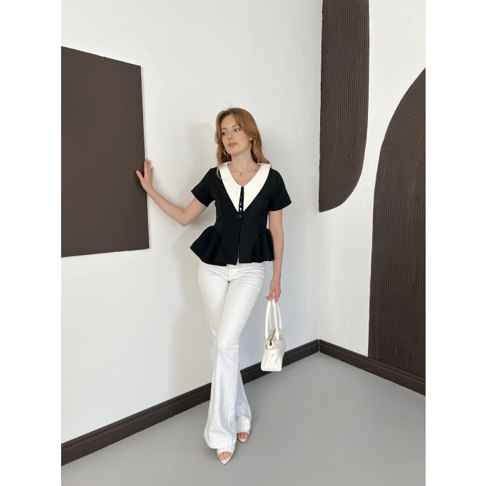 Kontrast Yaka Peplum Detaylı Bluz Siyah