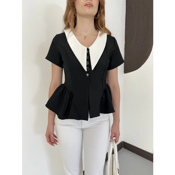 Kontrast Yaka Peplum Detaylı Bluz Siyah