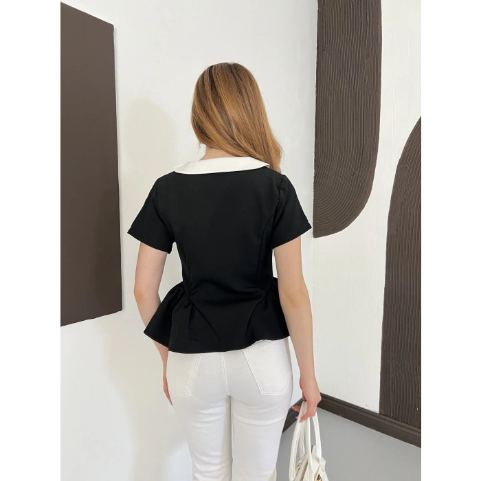 Kontrast Yaka Peplum Detaylı Bluz Siyah