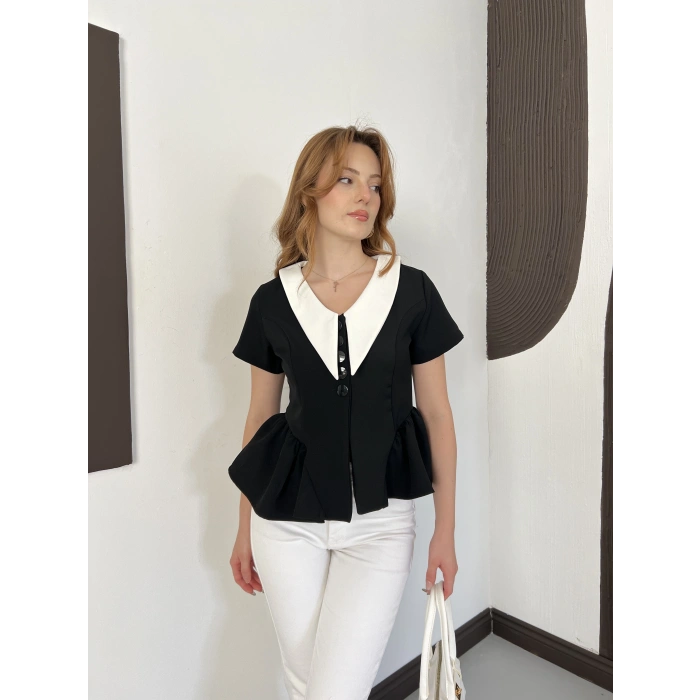 Kontrast Yaka Peplum Detaylı Bluz Siyah