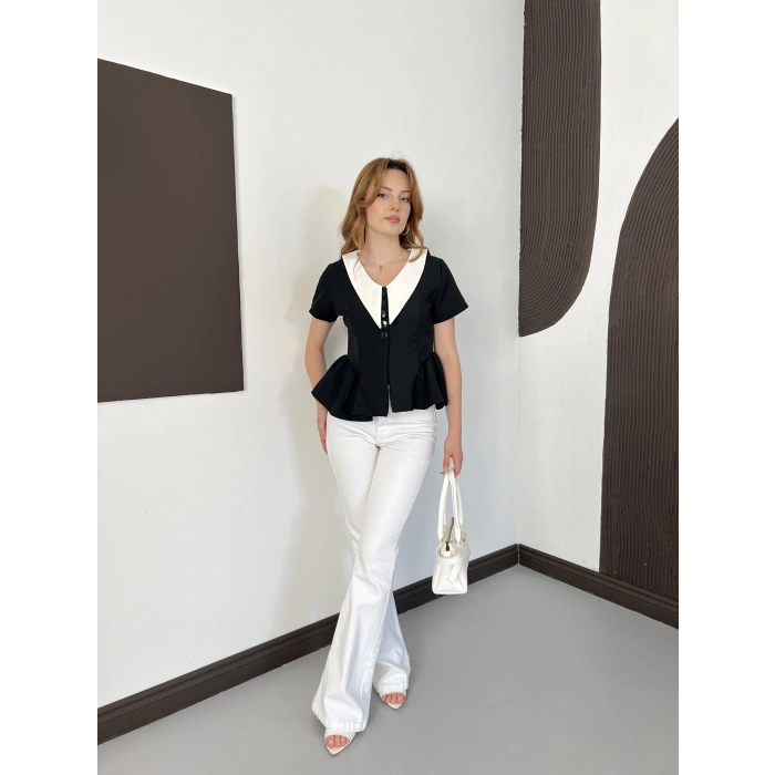 Kontrast Yaka Peplum Detaylı Bluz Siyah