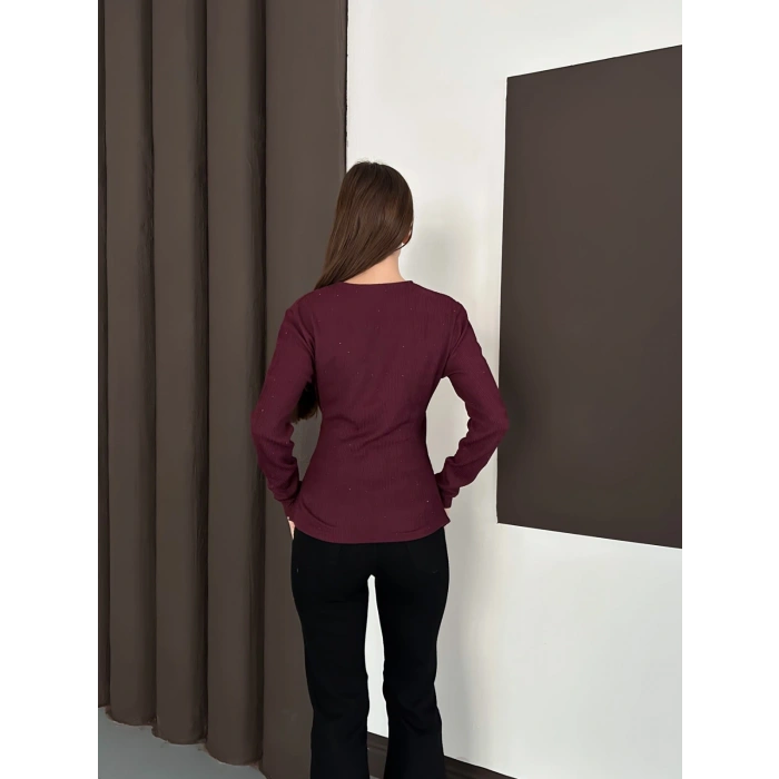 Kruvaze Yaka Aksesuar Detaylı Simli Bluz Mürdüm