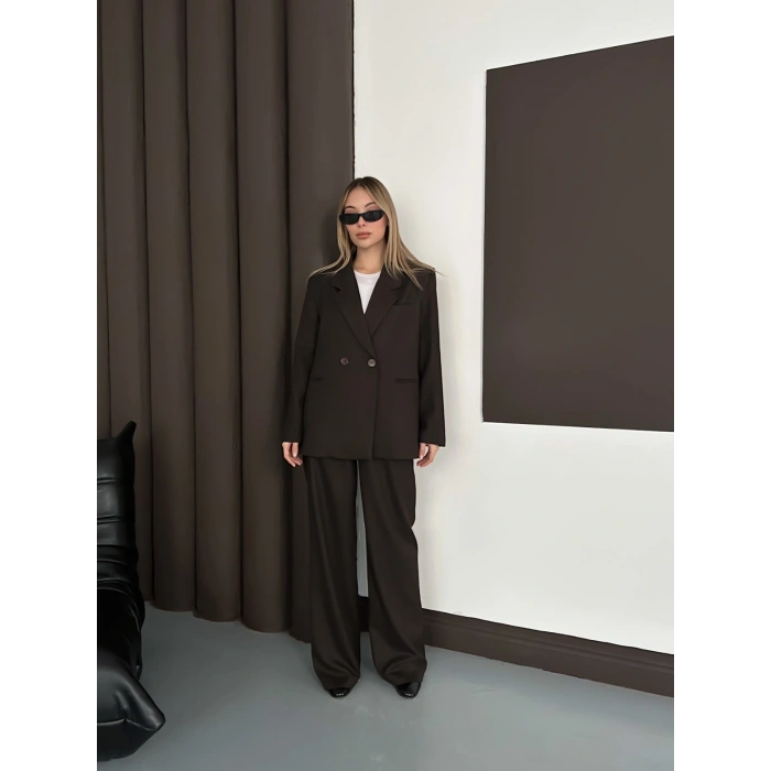 Kruvaze Yaka Ceket Pantolon Takım Kahve