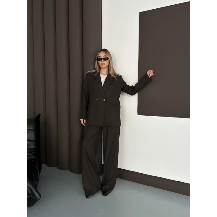 Kruvaze Yaka Ceket Pantolon Takım Kahve