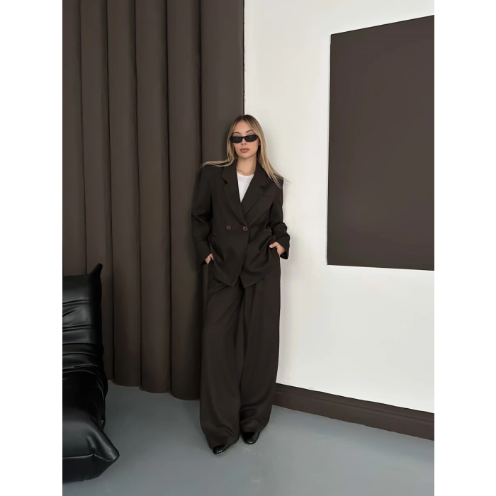 Kruvaze Yaka Ceket Pantolon Takım Kahve