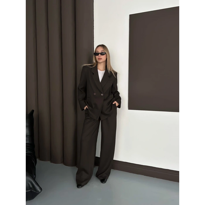Kruvaze Yaka Ceket Pantolon Takım Kahve